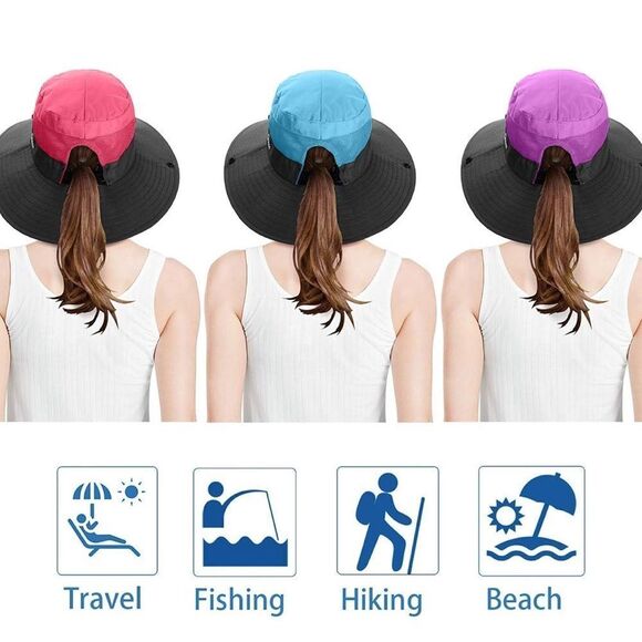 Pieces Womens Ponytail Wide Brim Sun Hat Packable UV Protection Beach Cap - Picture 2 of 5